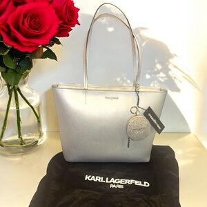 NWT KARL LAGERFELD Paris Adele Large Silver Tote with Glitter Pouch & Dust Bag!